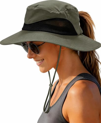 Solaris Sun Hats for Women with Ponytail Hole, UPF 50+ Wide Brim Beach Bucket Hat - Packable Cooling Mesh Summer Hiking Gardening Safari Fishing UV Protection Foldable Sun Hat