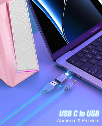 Image of LENRUE Computer Speakers, USB /USB-C Powered AUX Audio for PC Speakers with Loud Stereo Sound, Headphone-in, Touch Lights for Desktop, Computer, Laptop, Desk（USB-C to USB Adapter Included
