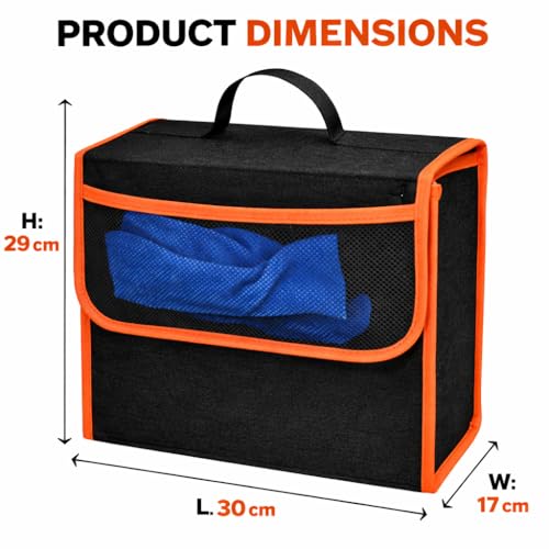 Image of JVCV Car Trunk Organizer Storage Bag with Mesh Pocket | Foldable Boot Storage Box | Durable Black Organizer | 29x30x17 cm | Multipurpose Car Storage | Small - Black Orange