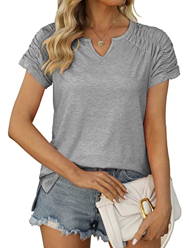Ruffle Sleeve Tops For Women Casual Summer V Neck T Shirts Spring Outfits Gray M #TOP1