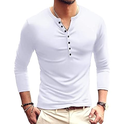 Amazon Brand - Hikaro Mens Casual Slim Fit Basic Henley Long Sleeve Fashion T-Shirt (XL, Lo-White) Cover