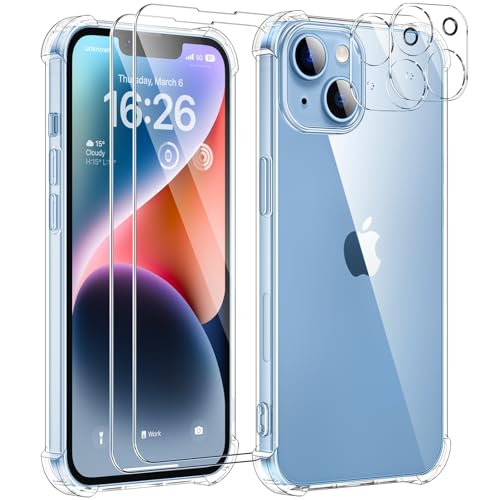 SOGUDE 5 en 1 Coque pour iPhone 14 avec 2 Verre Trempé et 2 Caméra Protecteur, Étui de Protection Antichoc avec Coussin d'air Intégré Mince Bumper Housse- Transparente