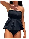 SOLY HUX Women's Bandeau Tankini Swimsuits Two Piece Ruffled High Waisted Bathing Suits Beachwear Solid Black Large