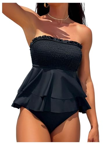 SOLY HUX Women's Bandeau Tankini Swimsuits Two Piece Ruffled High Waisted Bathing Suits Beachwear