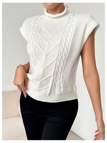 Image of BEAUDRM Women's Textured Mock Neck Sweater Vests Cap Sleeve Cable Knit Sweater Vest Casual Loose Top Knitwear Beige Medium