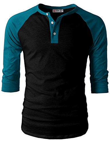 H2H Men's Color Blocked Three-Quarter Sleeve Baseball Jersey Knit Shirt BLACKPEACOCK US XL/Asia 2XL (CMTTS0174)