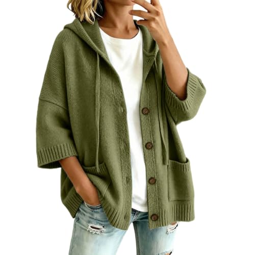 XINGJIAARTS Button Up Cardigans for Women 3/4 Sleeves Hooded Sweater Fall Warm V Neck Drawstring Jackets Soft Knit Cardigan Army Green Small - image 1