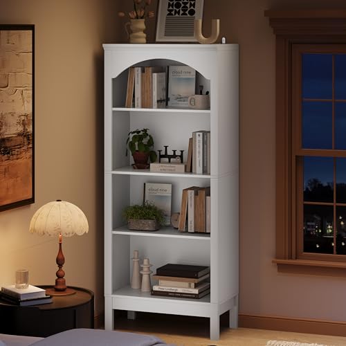 Image of 56 inch H Tall Bookshelf and Bookcase, Arched Book Shelf with 4-Tier Open Shelves, Wooden Storage Bookcase Freestanding Display Bookshelves for Bedroom, Living Room, White