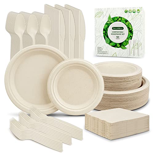 DecorWoo 300Pcs Compostable Paper Plates Set, Eco-friendly Heavy Duty Plates