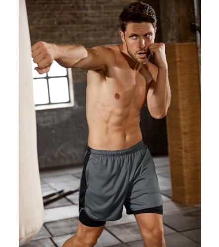 SILKWORLD 2-3 Pack Men's 2 in 1 Running Shorts Quick Dry Athletic Grym Workout Compression Shorts with Zipper Pockets3