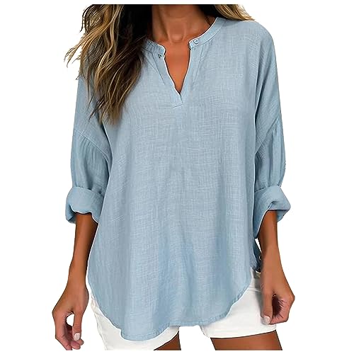 Cotton Linen Top Women Long Sleeve Peasant T-Shirt Side Slit Loose Casual V Neck Tunic Top Roll-up Sleeve Soft Blouse Light Blue