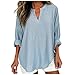 Cotton Linen Top Women Long Sleeve Peasant T-Shirt Side Slit Loose Casual V Neck Tunic Top Roll-up Sleeve Soft Blouse Light Blue
