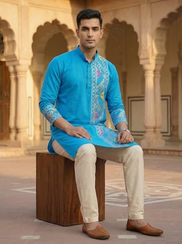 Image of Men's Jamdani Printed Kurta Pajama Set | Pure Cotton Ethnic Kurta with Mandarin Collar & Dupion Silk Pyjama | Festive & Weddings 303A12A 303SB12B(M XXL)