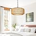 Farmhouse Chandelier Light Fixture, 5-Light Rattan Boho Chandeliers for Dining Room, Hand Woven Pendant Light with Linen Shade, Rustic Hanging Lighting for Kitchen Island, Bedroom (Bulb Not Included)