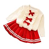 Toddler Baby Girls Outfit Knitted Buttons Sweater Tops Mini Skirt Bowknot Ruffle Long Sleeve Autumn Winter Clothes Set Pleated Skirt Knit Cardigan Sweater Coat Fall Outfits Red-Bowknot 12-18 Months