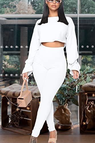 Solid Color Two Piece Outfits For Women, Ribbed Long Sleeve Crop Top And Bodycon Jogger Pants Clubwear Ribbed Tracksuit Sweatsuit, Women's Fall Loose Athletic Clothing 2 Piece Sets (White-1, M) #TOP4