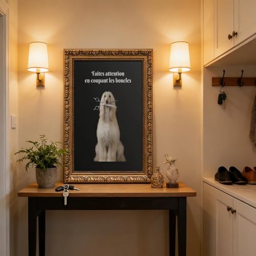 Toile drôle chien avec ciseaux : idée cadeau originale pour coiffeur et salon