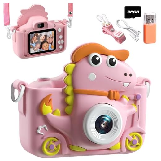 Kindercamera dinosaurus, kindercamera, 2 inch display, 1080p, digitale selfiecamera voor kinderen met 32 GB, fotocamera voor kinderen van 3 tot 12 jaar, jongens en meisjes, cadeau, speelgoed (roze)