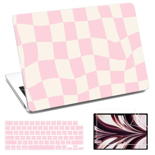 QJUZO Compatible with MacBook Air 13 inch Case 2025 2024 2023 2022 M4 M3 M2 A3240 A3113 A2681, Laptop Hard Shell Cover with Screen Protector + Keyboard Cover for MacBook Air 13.6″ – Pink White Plaid