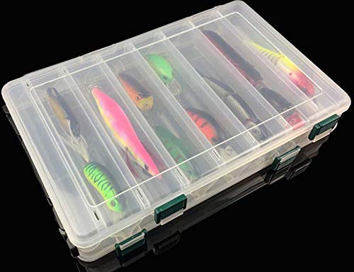 Milepetus 14 Compartments Double-Sided Fishing Lure Hook Tackle Box Visible Hard Plastic Clear Fishing Lure Bait Squid Jig Minnows Hooks Accessory Storage Case Container (Clear-14 Slots) #TOP4