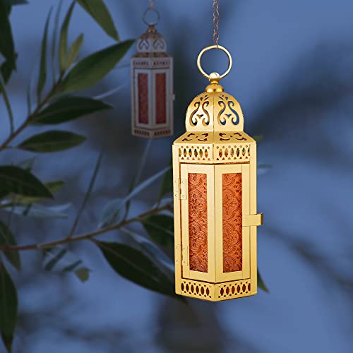 Anrust Gold Decorative Metal Candle Lantern, Moroccan Style Hanging Lantern, Metal Tabletop Lantern Decor, Candle Holders For Outdoor Patio Medium Size Without Led (Gold Amber) #TOP4