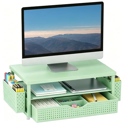 gianotter Desk Organizers and Accessories, Monitor Stand with Drawer and 2 Pen Holder, Desktop Organizer Suitable for Offices and Dormitories (Sage Green)