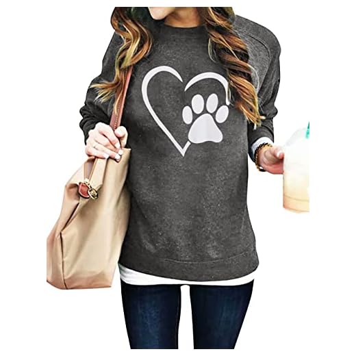 BANGELY Heart Dog Paw Graphic Sweatshirt Women Cute Dog Mom Shirts Casual Crewneck Fashion Pullover Tops Dark Grey