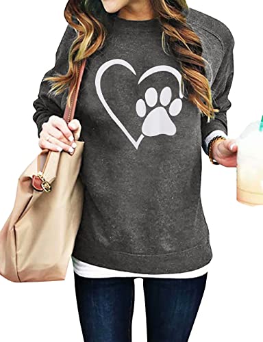 BANGELY Heart Dog Paw Graphic Sweatshirt Women Cute Dog Mom Shirts Casual Crewneck Fashion Pullover Tops Dark Grey