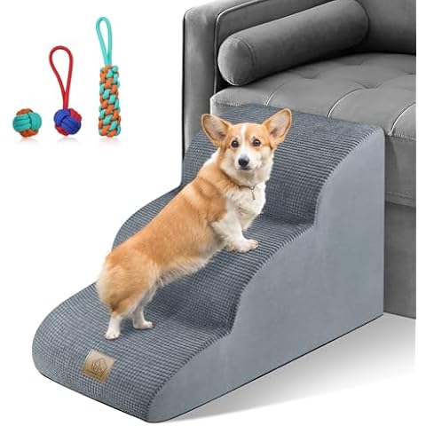 Mestuel Dog Stairs for Small Dogs, Dog Steps Ramp for Sofa Bed Couch, 3 Tiers Pet Dog Ladder with High Density Foam &Non Slip Bottom, Holds up to 60 lbs, Lint Rollers, Gray Cover