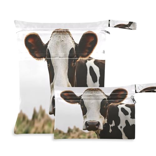 Takiito Milk Cow 2 Pcs Wet Dry Bags for Cloth Diapers, Waterproof & Reusable Wet Bag for Nursery Beach Pool Gym with Two Zippered Pockets