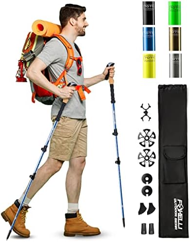 Foxelli Trekking Poles â€“ 2-pc Pack Collapsible Lightweight Hiking Poles, Strong Aircraft Aluminum Adjustable Walking Sticks with Natural Cork Grips and 4 Season All Terrain Accessories