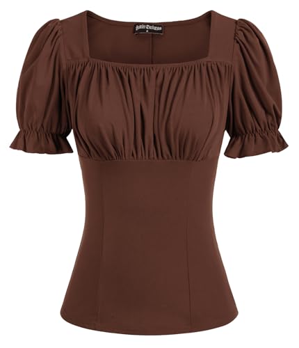 Peasant Tops for Women Vintage Puff Sleeve Square Neck Renaissance Shirt Brown L