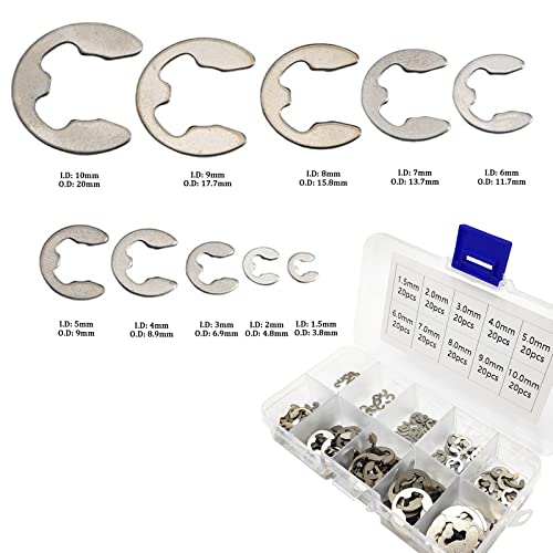 Kazetec 200 Pcs 304 Stainless Steel Opening Snap Ring, E-Clip External Retaining Circlip Assortment Kit #TOP1