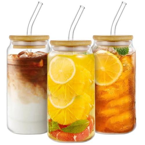 WOPPLXY Set di 3 bicchieri da birra da 550 ml con coperchio e cannuccia, bicchieri in vetro a forma di lattina, riutilizzabili per caffè freddo, cocktail, acqua di vino