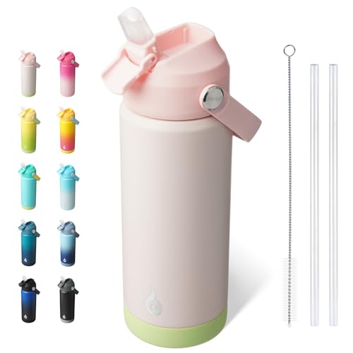 Image of BJPKPK Insulated Water Bottle with Straw Lid, 18oz Thermo Water Bottles, Flex Handle & Non-slip Boot, BPA Free Leak Proof Stainless Steel Metal Thermo, Tumblers, Cups,Pearl Pink