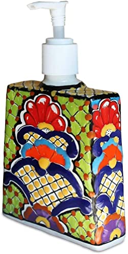 Talavera Ceramic Soap & Lotion Dispenser for Kitchen or Bathroom Countertops - Hand Painted Mexican Pottery - Mexican Home Decor - Talavera Wall Art - Jabonera (Multicolor)
