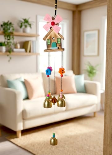 Image of Decorative Wind Chime for Home | Wooden House with Bells Colourful Beads | Positive Energy Balcony Living Room Hall Garden Home Decor (Wind Chimes)