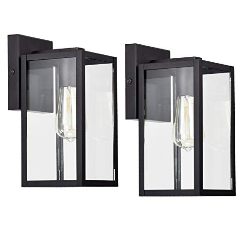Image of MICSIU 2 Pack 11 inch Textured Black Modern Farmhouse Outdoor Light Fixture | Rustic Exterior Wall Sconce with Clear Glass, Outside Porch Lights for House Garage Patio, E26 Base