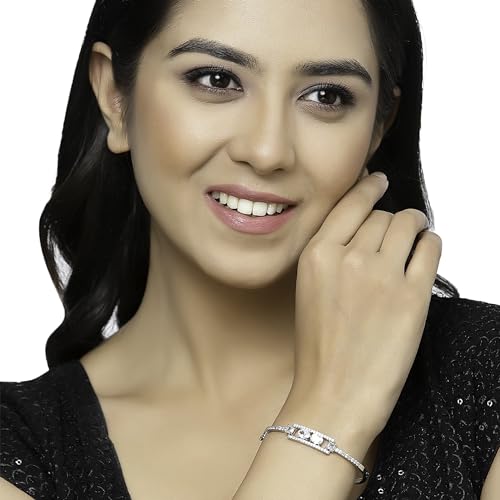 Image of ZENEME Rhodium-Plated Oval Shape American Diamond Studded Handmade Kada Bracelet For Girls and Women