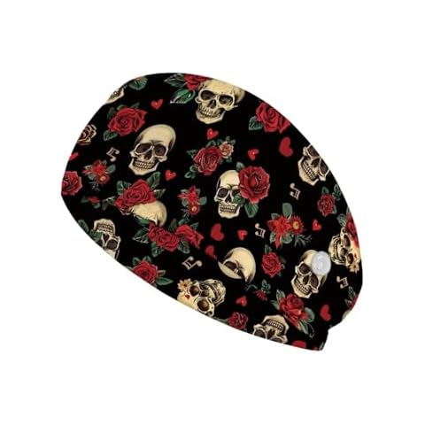 LedBack Nursing Headbands for Women Skull Rose Hairband with Buttons for Mask Nurse Gifts Sweatband Turban Women Men Head Wrap Elastic Sport Headwear Yoga Headwrap Cover