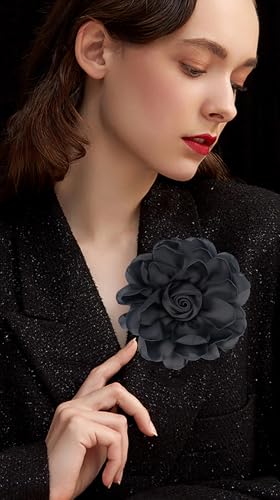 Image of Extra Large Satin Fabric Flower Brooch for Women Elegant Rose Camellia Floral Brooch Pin Handmade Big Satin Fabric Flower Statement Brooch Pin Vintage Clothing Hat Bag Accessories Christmas Wedding Bridal Birthday Jewelry