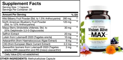 Holistic Health Labs Vision Alive Max with 8 Natural Ingredients Lutemax® 2020, Bilberries, Blueberries, c3g from Black Currant, Maqui Berry, Saffron, and Astaxanthin (30 Count (Pack of 1)) thumbnail