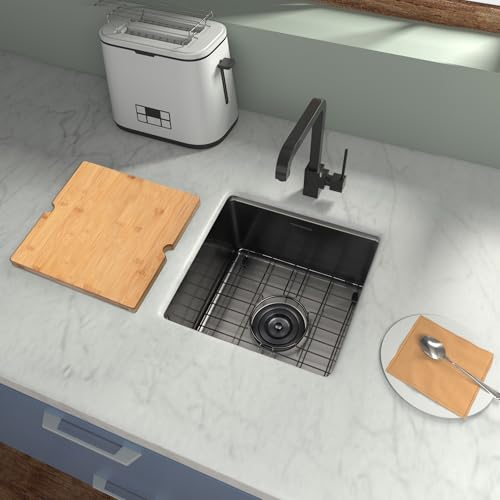 MONSINTA Black Bar Sink, Undermount Bar Sink, 15" x 15" Small Bar Sink, RV Sink, 16 Gauge Stainless Steel Workstation Kitchen Sink with Sink Protector, Cutting Board and Sink Drain Assembly