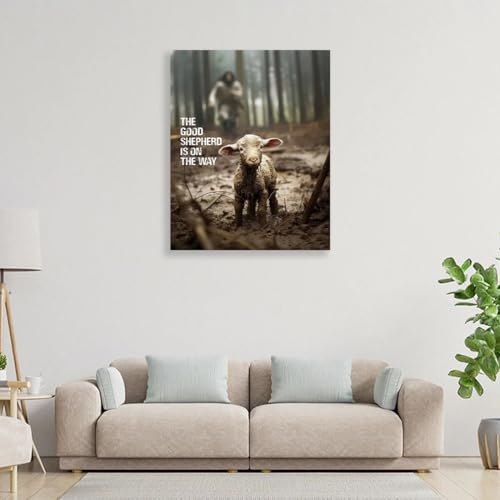 Image of GUN SUPPLIES OUTLET LLC Christian Canvas Wall Art Jesus Saving Lamb Picture Jesus Running Art Christian Wall Decor for Wall Decor Bedroom Decorations 12x16 inch