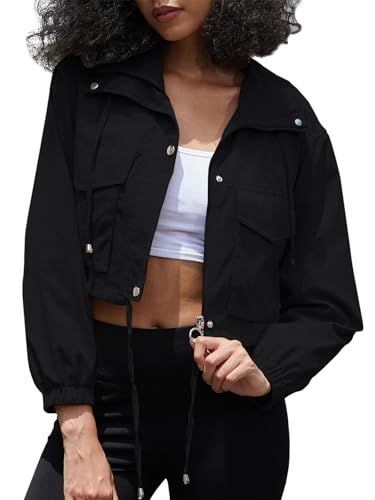 Womens Cropped Bomber Jacket Zip Up Lightweight Utility Anorak Coat with Pockets Women Fall Trendy Jackets