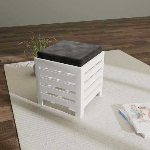Image of ETIQUETTE ART Cushion Wooden Stool| Foot Stool |Fruit Stool| Square Table| Office Stool| Bedside Table | Cushion Stool | Stool for Kitchen Wooden Stool Cotton Cover (White & Black)