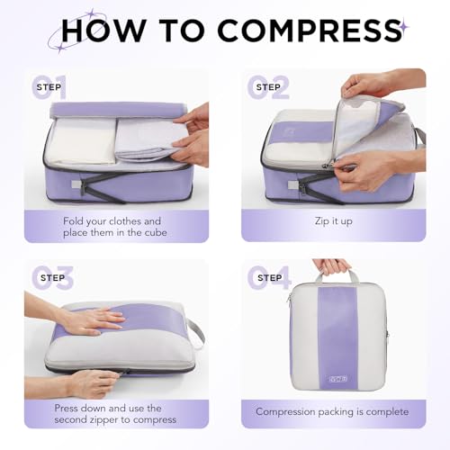 Image of OlarHike 10-Pack Compression Packing Cubes for Travel Essentials,Compressible Expandable Packing Cubes for Suitcase,Luggage Garment Bags for Travel,Handy Helper for Organizing Clothes(Purple Gray)