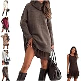 Blanche Robe Pull À Bordure en Dentelle, Nuisette Élégante avec Pull, Ensemble Pulls À Col Roulé Et Mini Robe pour Femme Chic Elegant 2 Pièces Manches Longues Grande Taille Doux Pullover Débardeur XS