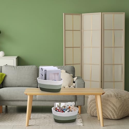 Image of Sawysine 6 Pcs Storage Baskets Bulk for Organizing Cotton Rope Woven Basket with Handles for Gift Cloth Shelves Blanket Toys Living Room(Green and White)