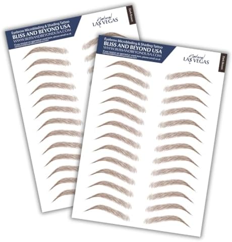 Bliss and Beyond USA, 2 sheets eyebrow tattoo waterproof sticker, Long Lasting, Natural Looking Fake Eyebrow for Alopecia, Chemo, Cancer gift. Same Size eyebrow tattoos (Natural Las Vegas, Dark Brown)